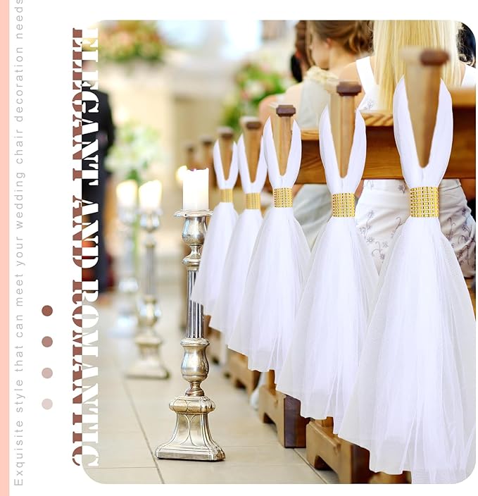 24 Set Wedding Aisle Chair Decorations 31.5 Inch Pew Bows with Long Tulle Tails and Rhinestone wrap for Wedding Ceremony Church Bridal Shower Banquet Decor (Gold)