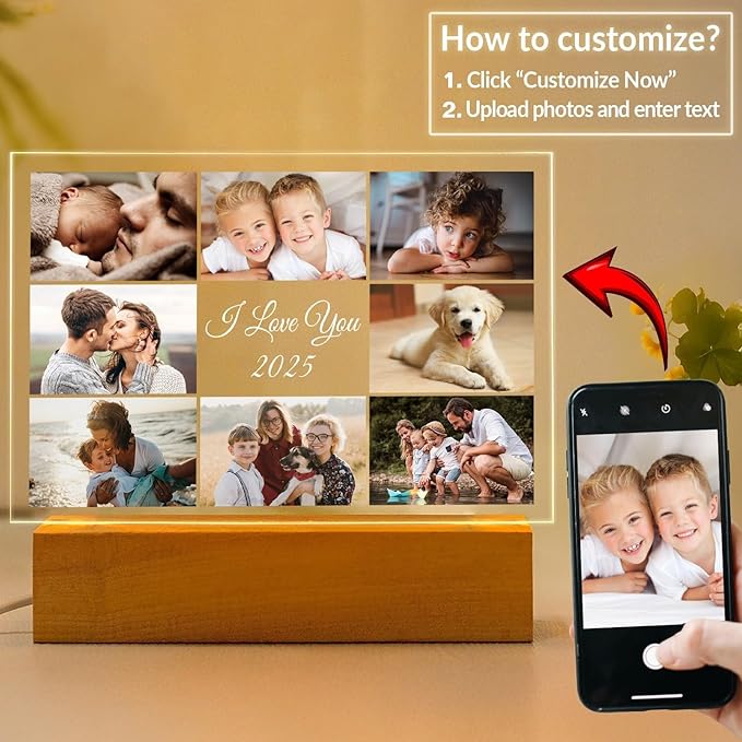 Custom Picture Frames with Photo, Customized Photo Frame with Night Light, Personalized Picture Frame, Personalized Birthday Gifts for Women, Men, Mom, Dad, Baby, Kid, Family, Friend