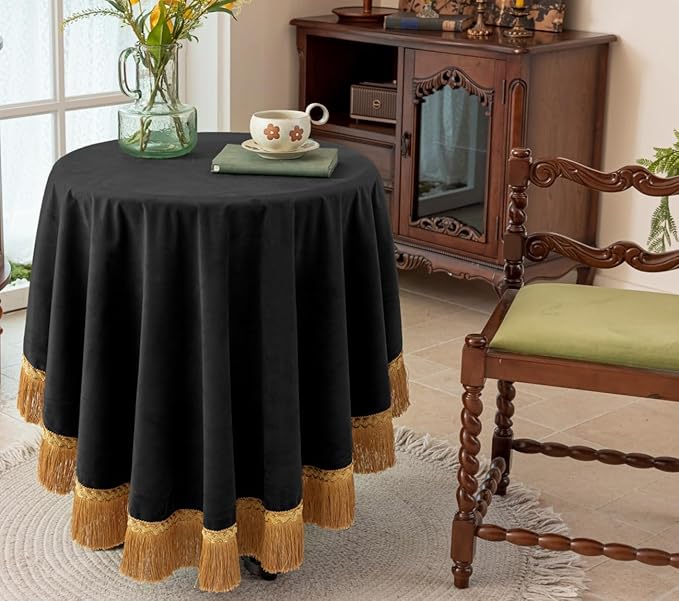 F-CHU Luxury Black Tablecloth Thickset Velvet Tablecloth with Beautiful Gold Tassels Vintage Table Cloth for Home Decor Wedding, Party, Banquet and Events 60" Round