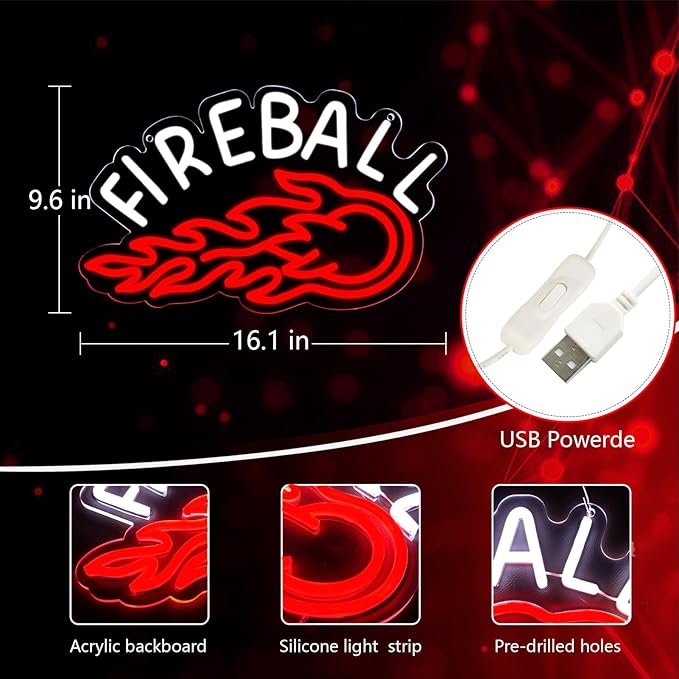 Neon Sign, LED Neon Light Sign 17x10， USB Powered Decorative Bar Open Sign for Home Bar Store Party Decor，FIREBALL Whiskey Neon Lights for Man Cave