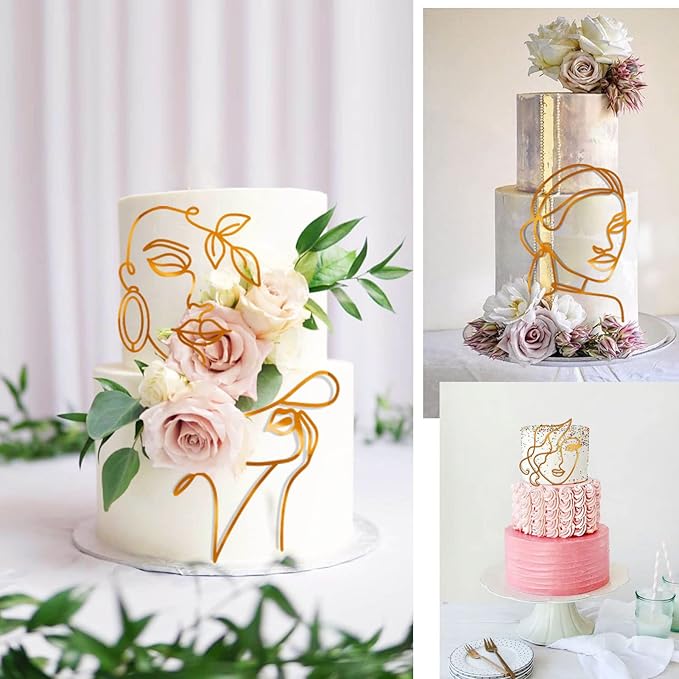 12 Pcs Acrylic Lady Face Cake Topper Minimalist Art Happy Birthday Cake Toppers Women Wedding Cake Decoration for Wedding Birthday Party (Gold)