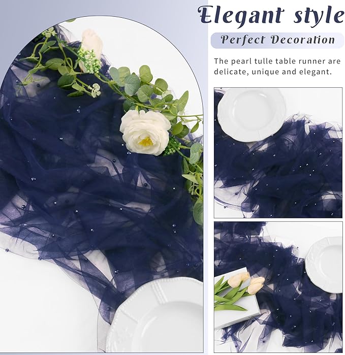 Set of 6 Pearl Table Runner 29 x 120 Inch Tulle Fabric Lace Table Runners Boho Rustic Tablecloth for Bridal Shower Birthday Party Wedding Arch Aisle Veil Dessert Table Decor(Navy Blue)