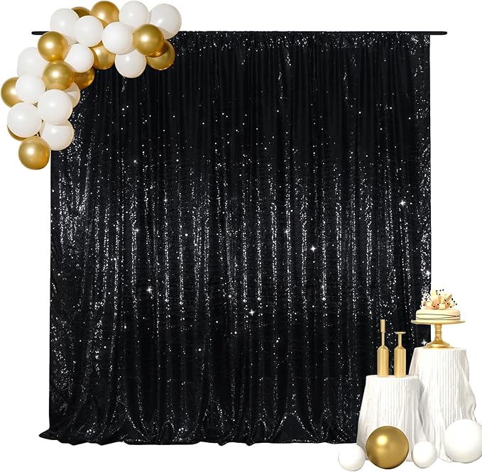 SquarePie Sequin Backdrop Less Transparent Background Sparkly Curtain for Wedding Halloween Party 8FT x 8FT Black