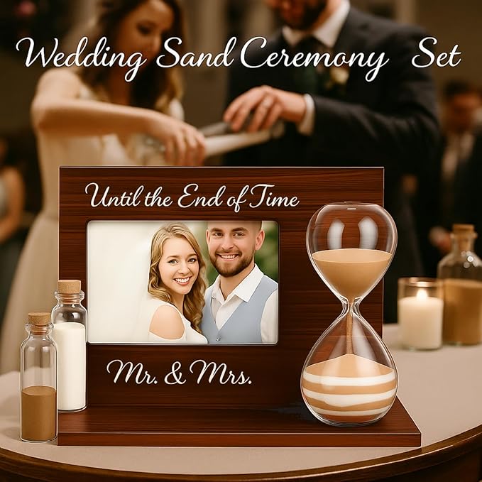 Blosssound Wedding Sand Ceremony Set Wooden Photo Frame, Hourglass Funnel, Sand, Glass Bottles, Mr and Mrs Until The End of Time Unity Kit for Weddings Ceremony Party Supplies(Walnut)