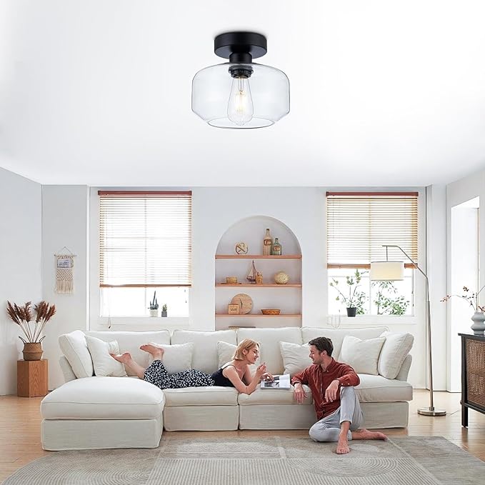 Black Flush Mount Ceiling Light - Modern Glass Semi-Flush Fixture w/LED Bulb - Matte Black Metal for Hallway, Kitchen, Bathroom, Bedroom - Easy Install