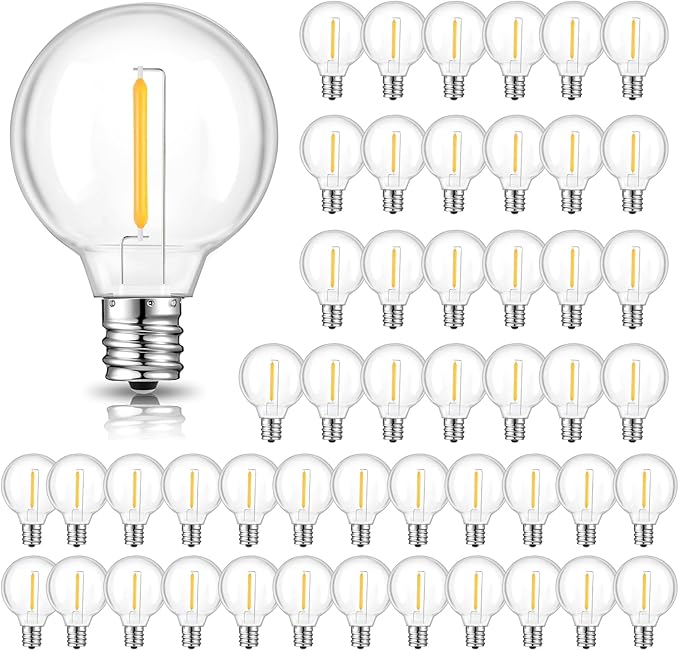 50 Pack G40 LED Replacement Bulbs for Outdoor String Lights, Dimmable, Warm White, E12 Screw Base, Waterproof LED Globe Bulbs Light for Indoor Outdoor Patio Cafe Decor