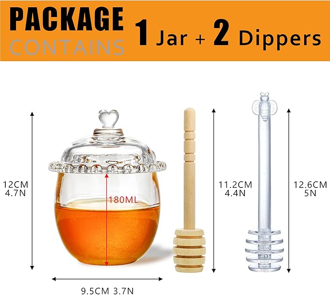 Kanpura Glass Honey Jar with Dipper and Lid, 6oz Crystal Honey Dispenser, Containers for Home Kitchen