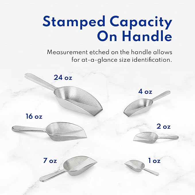 New Star Foodservice 34660 One-Piece Cast Aluminum Flat Bottom Bar Ice Flour Utility Scoop, 4-Ounce, SIlver