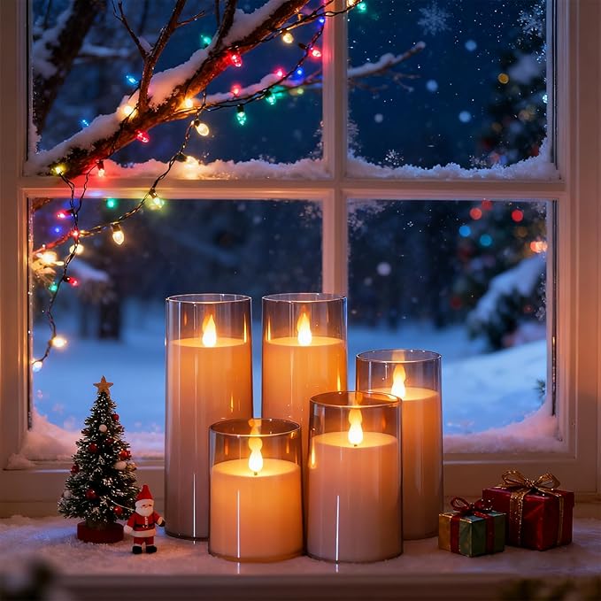Fo32won Grey LED Flameless Pillar Candles Battery Operated with Remote and Timer, Set of 5 (D 3"×H 4" 5" 6" 8" 8") Decorative Plexiglass Flickering Candles with 3D Flame
