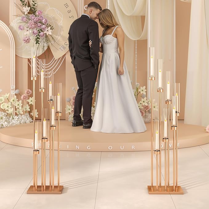 46.5'' Floor Candelabra 7 Arms Floor Candle Holders for Wedding Gold Candle Sticks Holder Decor Metal Candlestick Set with Acrylic Lampshades for Home Party (7 arm Square 46.5in)