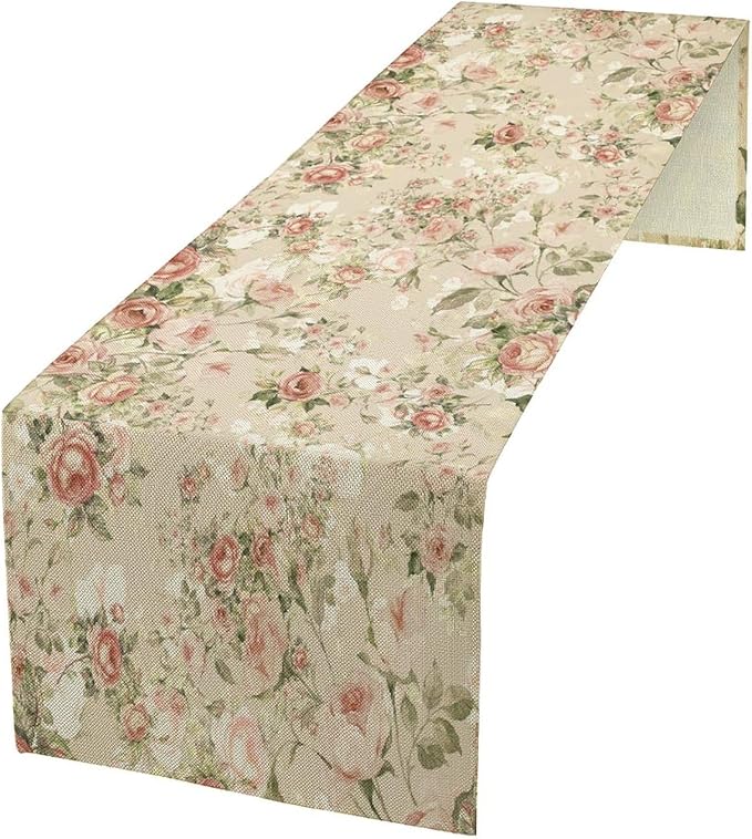 Lovely Rose Table Runner, Red and White Vintage Rose Delicate Floral Natural Pattern Long Table Restaurant Kitchen Holiday Party Decoration,13in（33cm） W * 60in（152cm） L