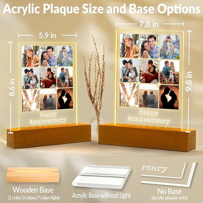 Personalized Anniversary Couple Gifts for Women and Men, Custom Picture Frames with Photo, Personalized Photo Frame with Night Light, Customized Picture Frame, Personalized Birthday Gifts for Her and Him