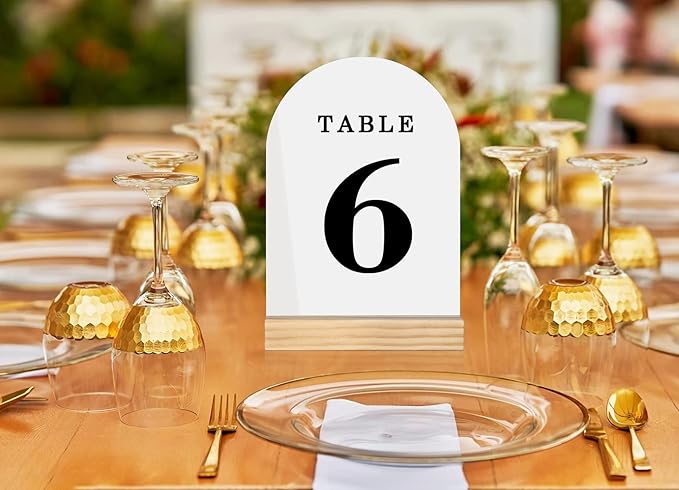 Wedding Table Numbers 1-30, Acrylic Arch Signs with Natural Wood Stands Holders, Rustic Table Decor for Reception & Parties (White Black)