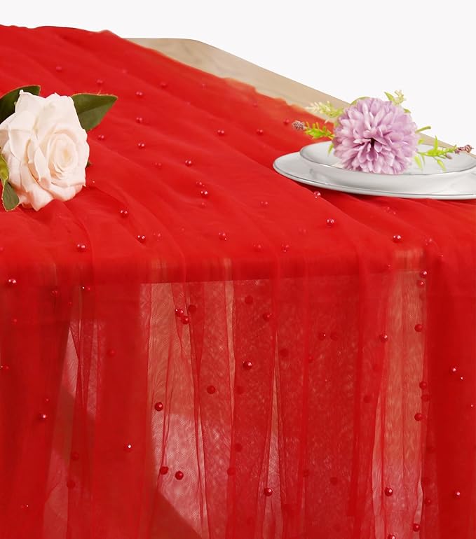 Pearl Table Runner 29 x 120 Inch Tulle Fabric Lace Table Runners Boho Rustic Tablecloth for Bridal Shower Birthday Party Wedding Arch Aisle Veil Dessert Table Decor(1 Pack, Red)