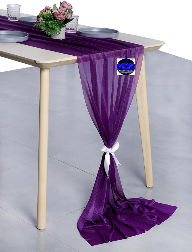 MDS 20 Pack 10ft Chiffon Table Runner 29 x 120 Inches Sheer Wedding Runner Romantic Rustic Table Runner for Wedding Decorations, Birthday Parties, Bridal Shower Party Arch Decor - Cadbury Purple