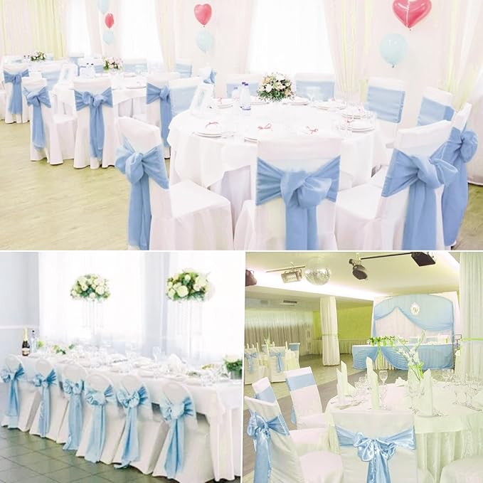 100 PCS Satin Chair Sashes Decorative Bow Chair Sashes Ties Back Ribbon Bows Chairs Cover Band for Wedding Birthday Party Ceremony Reception Events Banquet Home Kitchen Decor(7 x108 inch,Baby Blue)