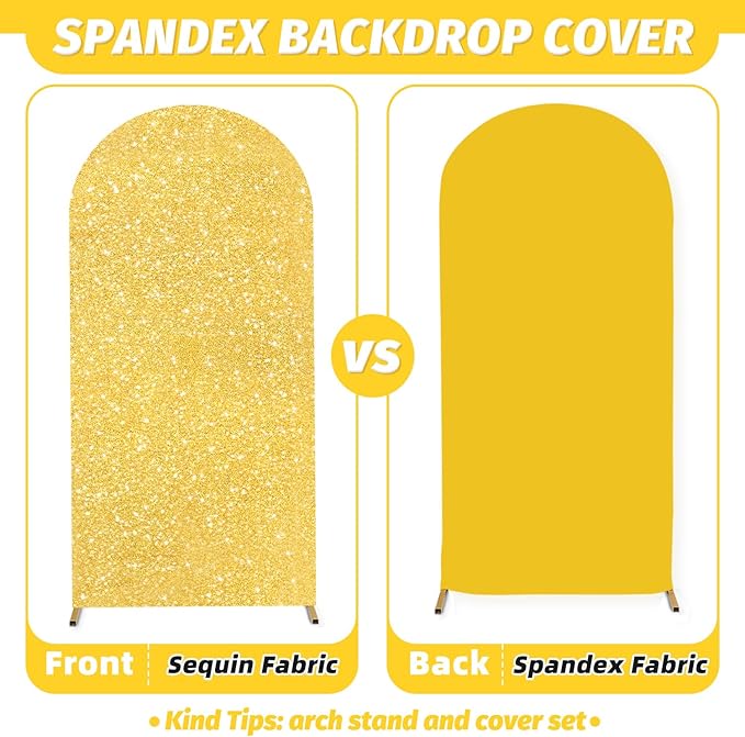MODFUNS Arch Backdrop Stand and Cover Set 6&7.2ft Gold Sequins Arch Cover Metal Arch Backdrop Stand Set of 2 Wedding Arch Frame with Covers for Reception Birthday Party Decorations