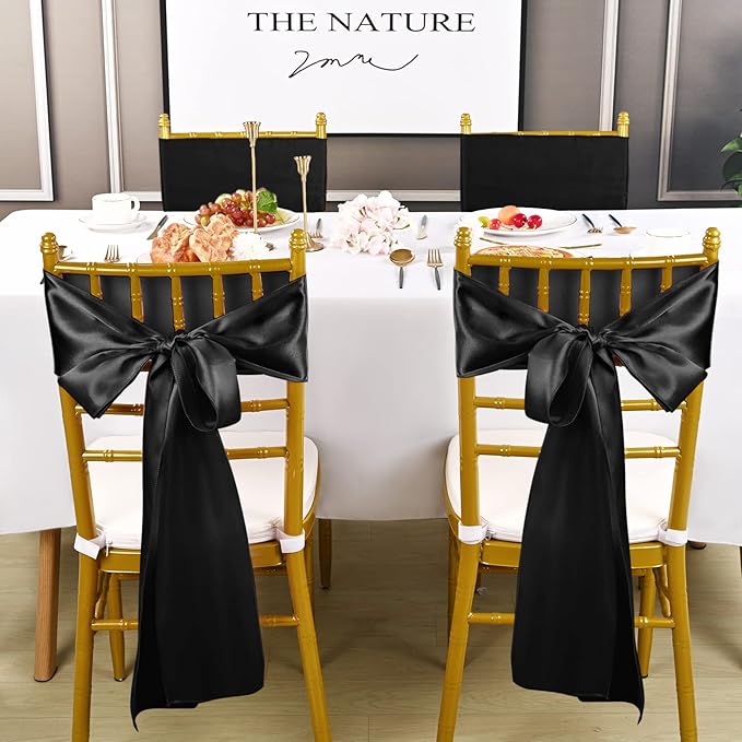 fani 60 PCS Black Satin Chair Sashes Bows Universal Chair Cover for Wedding Reception Restaurant Event Decoration Banquet,Party,Hotel Event Decorations (7 x 108 inch)