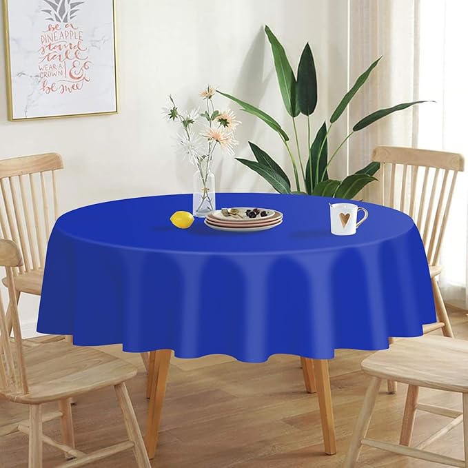 QIKSION Dark Blue Round Tablecloth 2 Pack, 84 Inch Plastic Table Cover Disposable for Parties