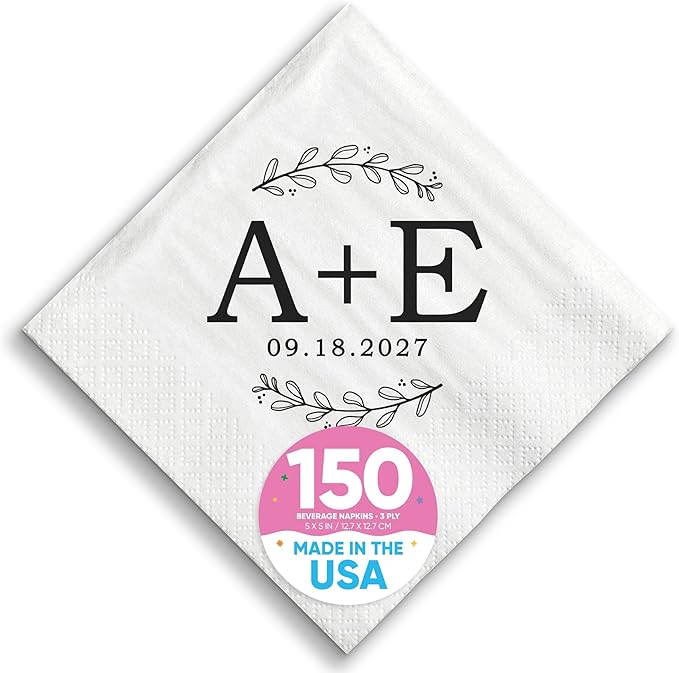 Big Dot of Happiness Personalized Rustic Leaves Monogram Wedding Napkins, Custom Engagement or Anniversary Party Laurel Wreath Branch Decor, White 3-Ply Paper Beverage Napkins - 150 Count