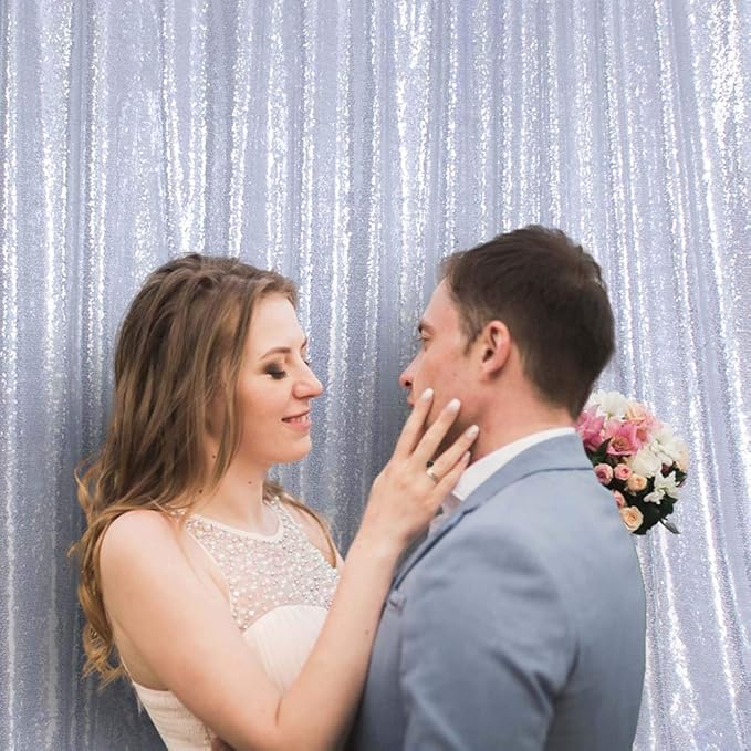 SquarePie Sequin Backdrop Curtain Background Opaque Non-Transparent Satin Sparkly for Wedding Party 10FT x 10FT Silver