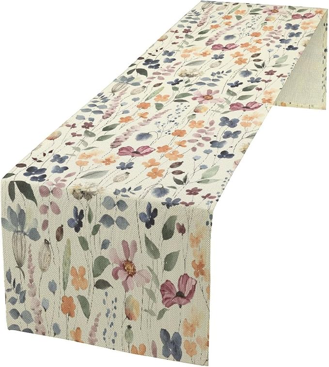 Watercolor Floral Table Runner, Vintage Colorful Floral Natural Style Pattern Decorative Home Restaurant Kitchen Rectangle Table Runner,13in（33cm） W * 72in（184cm） L