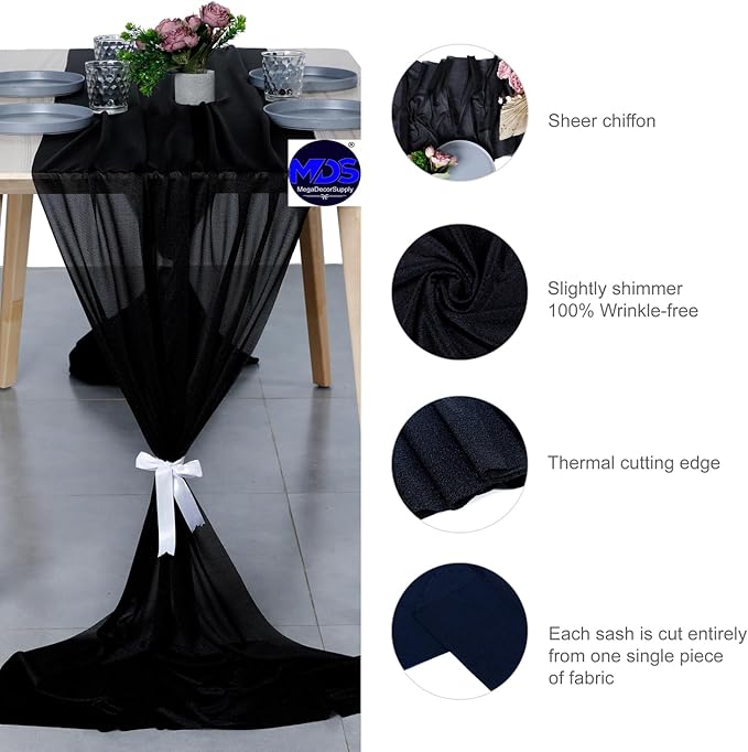 MDS 20 Pack 10ft Chiffon Table Runner 29 x 120 Inches Sheer Wedding Runner Romantic Rustic Table Runner for Wedding Decorations, Birthday Parties, Bridal Shower Party Arch Decor - Black