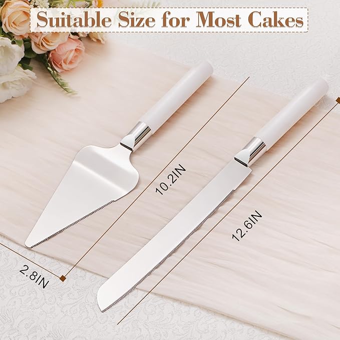 Cake Cutting Set for Wedding, Wood Cake Knife and Server Set, Vintage 2-Piece Pie Cake Cutter, White Pizza Dessert Utensils Bridal Anniversary Birthday Quinceañera Gift (White)