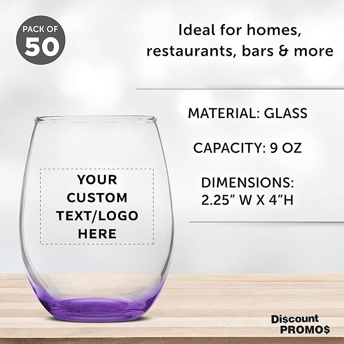 Custom Stemless Wine Glass 9 oz. Set of 50, Personalized Bulk Pack - Great for Wedding Favors, Bachelorette Party Decorations, Party Favors, Color Bottom - Purple