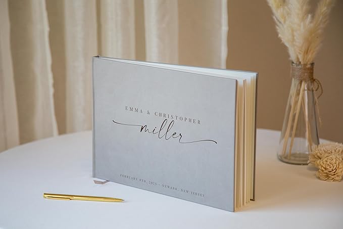 Personalized Guest Book - 11.5" x 8.5" Custom Bride & Groom Names with Bookmark and Hard Cover 140 GSM Blank Pages, for Weddings Guest Book, Engagements, Birthdays, Special Events, Taupe