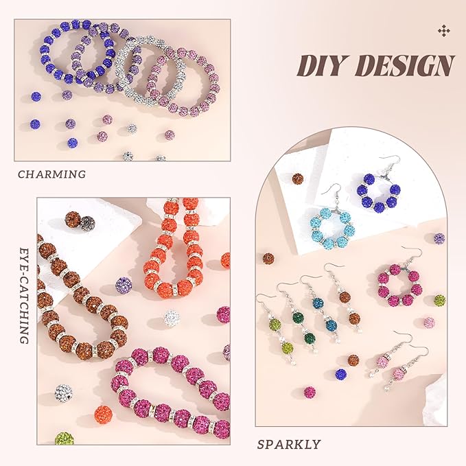 105pcs 10mm Rhinestone Beads for Jewelry Making, Dark Pink Shiny Round Disco Ball Beads Bulk, Sparkle Crystal Clay Christmas for Bracelet Baseball Necklace Earring Crafting and DIY