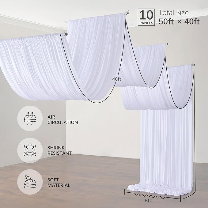 PartyVillage 50ftx40ft White Ceiling Curtain for Wedding Parties – 10 Panels Wrinkle-Free 40 FT Long Tent Draping Curtains for Wedding, Birthday & Theme Parties, 40ft Height with Rod Pocket