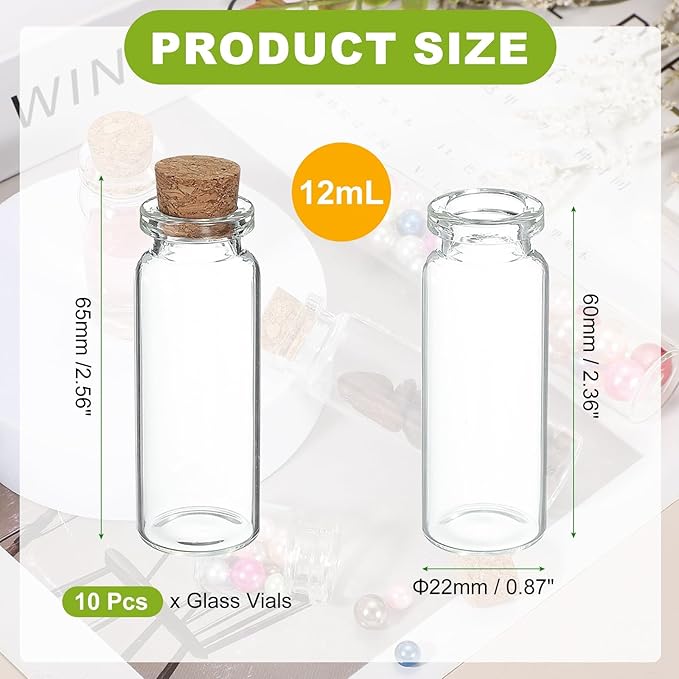 uxcell 10Pcs Mini Glass Bottles with Cork Stoppers, 12ml Small Clear Bottles Glass Empty Jars Vials for DIY Crafts Party Wedding Decor Favors