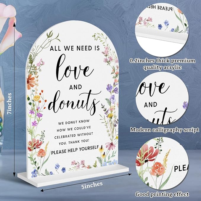 Acrylic Wedding Signs, Love and Donuts Signs for Marriage Reception, Bridal Shower Decorations, Modern Arched Round Top Acrylic Table Top Sign with Holder for Wedding Party Dinner (White Wildflowers)