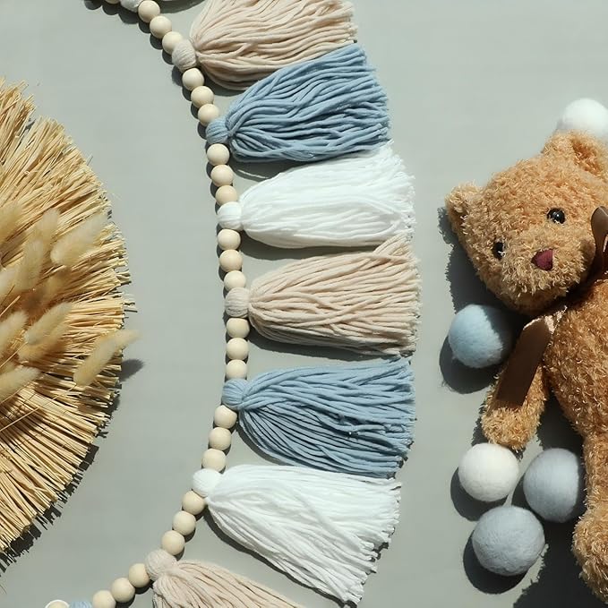 Boho Tassel Garland Wall Hanging with Wood Beads Blue Tassel Garland for Baby Shower Kids Room Bedroom Nursey Back to School Decorations