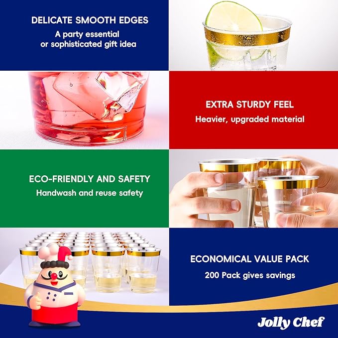 JOLLY CHEF 200 Pack 10 oz Gold Plastic Cups Elegant Gold Rimmed Disposable Cups Heavy-Duty Party Cups for Wedding & Party