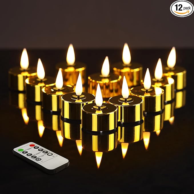 Eywamage Gold LED Tealights with Remote Batteries, Flickering Flameless Tea Lights Votive Candles Set of 12