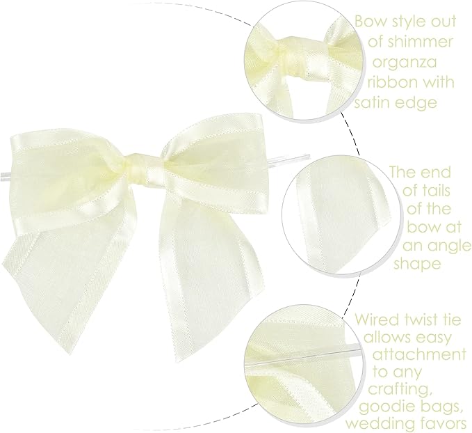 AIMUDI Ivory Bows for Weddings 4" Organza Bows Premade Twist Ties Bows for Gift Wrapping Crafts Treat Bags Baskets Cake Pop Baby Shower Birthday Decor - 12 Counts