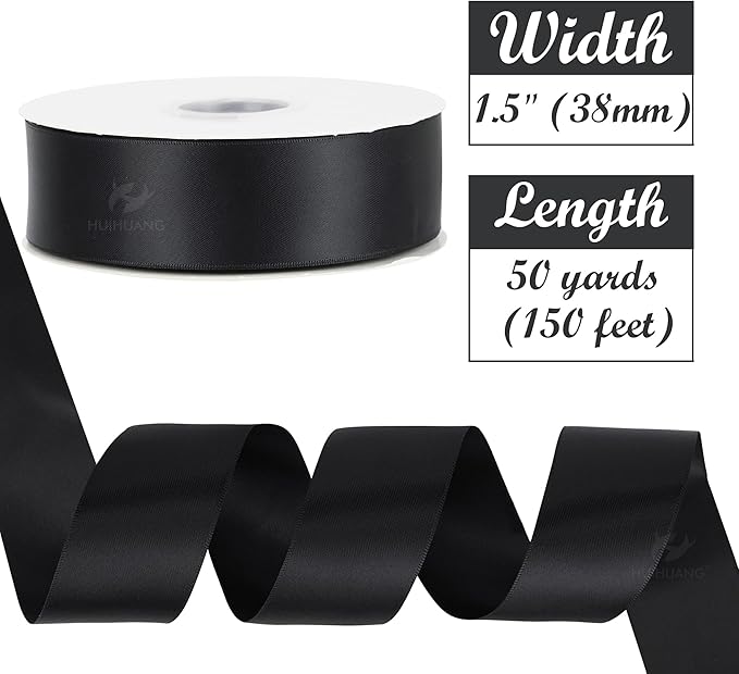 HUIHUANG 1-1/2 inch Double Face Satin Ribbon, Polyester Satin Black Ribbon 50 Yards Per Roll for Gift Wrapping Bows Making Floral Bouquet Wedding Decor Baby Shower Party Favor and Craft Supplies