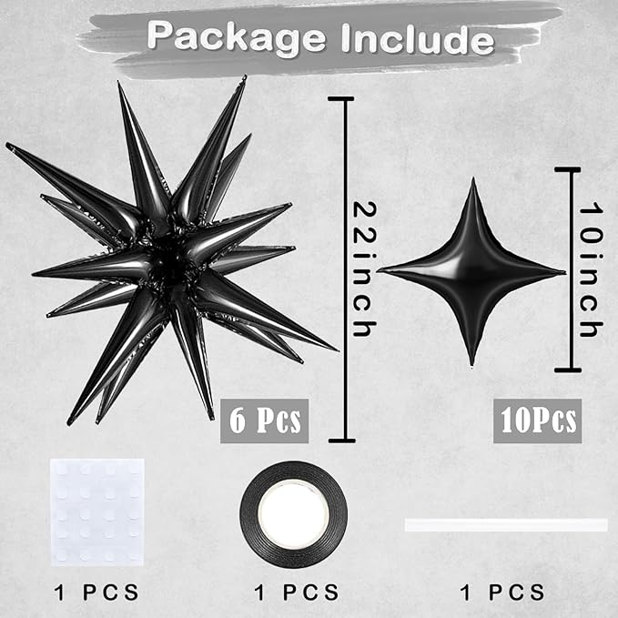 6 Pcs Explosion Star Foil Balloons- 12 Point Star Balloons,Black Spike Balloon and 10Pcs Four Pointed Balloon for Party Supplies Christmas Birthday Wedding Photo Booth