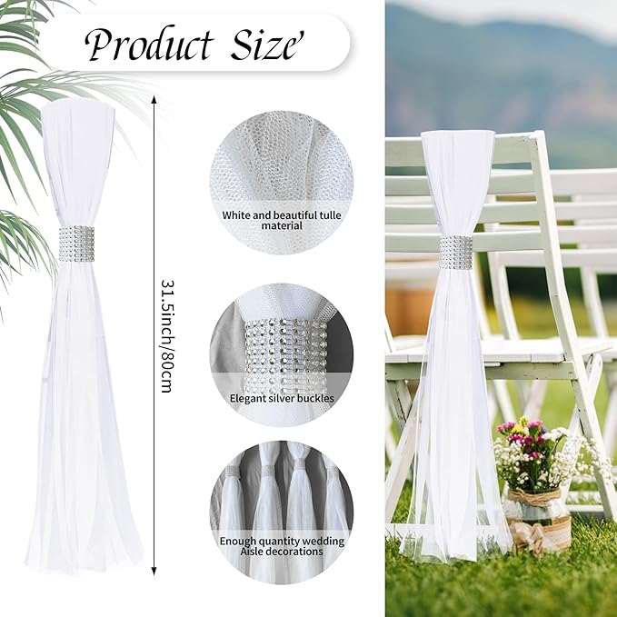 26 Sets Large White Pew Bows Tulle Wedding Aisle Chair Decorations, Extended Church Pew Decor Aisle Flowers Runner for Weddings Ceremony Outside Decorations(Silver)