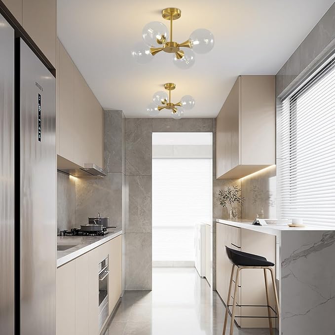 KCO Lighting 4-Lights Modern Globe Semi Flush Mount Ceiling Light Mid Century Brushed Brass Schoolhouse Close to Ceiling Light Gold Clear Glass Bubble Sputnik Chandelier Light Fixture