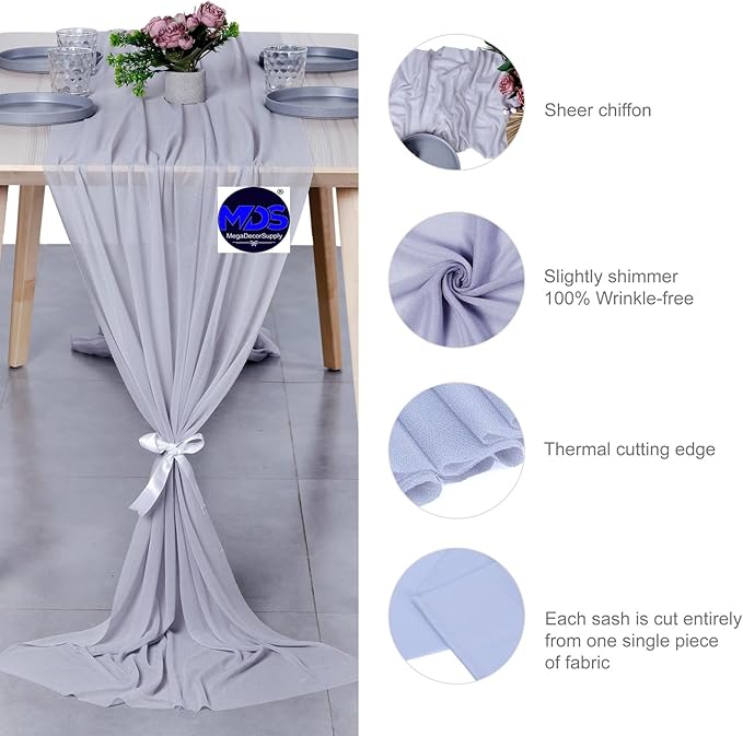 MDS Halloween Chiffon Table Runner - 20 Pack, 29 x 120 Inches, 10ft Each - Sheer Spooky Table Runners for Haunted House Parties, Trick-or-Treat Tables, Witchy Décor, Wedding & Events - Cool Gray