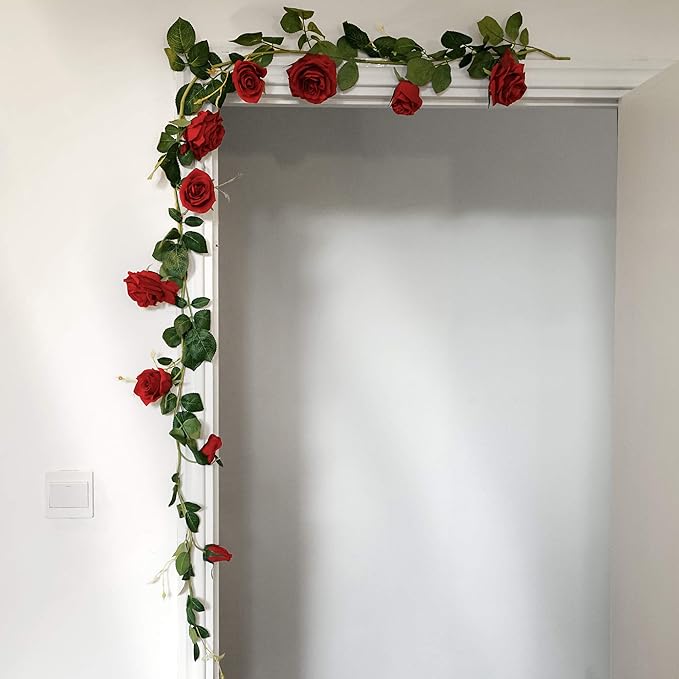 FiveSeasonStuff Classic Red Artificial Silk Roses Flower Garland, Bendable Hanging Vines (2pcs, 11ft)