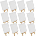 U.S. Art Supply 4" x 6" Stretched Canvas with 8" High Small Natural Wooden Easel (12 Pack), A-Frame Canvas Stand Tripod, Small Painting Easels - Tabletop Easel for Painting, Canvases, Student Crafts