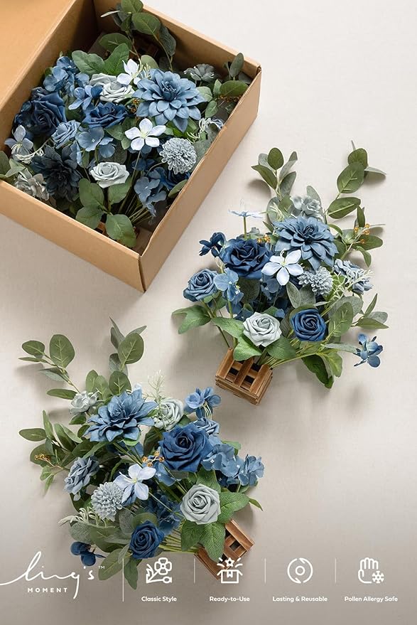 Ling's Moment 17.5" Tall Standing Artificial Flowers Arrangements 4pcs Fall Wedding Aisle Runner Chair Decorations Dusty Blue & Navy Centerpieces for Ceremony Reception Rose Floral Party Outdoor