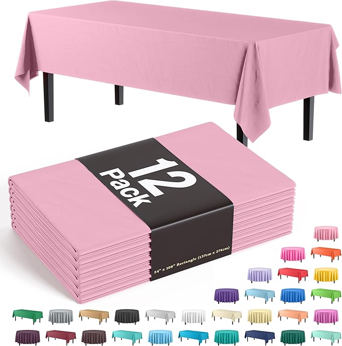 Party Solids Pack Of 12 Premium Plastic Tablecloth 54 Inch x 108 Inch Rectangle Table Cover - Pink