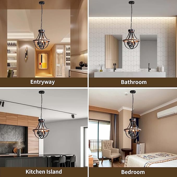 Farmhouse Chandelier, Modern Hanging Pendant Lighting, 4-Light Rustic Ceiling Light Fixture, Vintage Chandelier for Hallway Foyer Dining Room Entryway Kitchen Island Bedroom