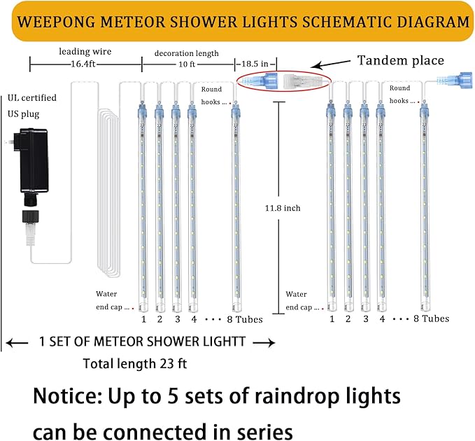 Meteor Shower Lights Outdoor Christmas Lights UL Certified Falling Rain Drop Snowfall Icicle Cascading String Light for Xmas Holiday Tree Wedding Party Garden Decor Blue, 12 Inch 8 Tubes