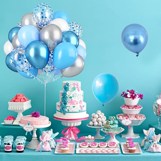 Blue Silver White Confetti Balloons Kit, Light Blues Metallic Blue Pastel Blue and Pearl Silver Birthday Balloon, for Boy Birthday Baby Shower Wedding Party Decor